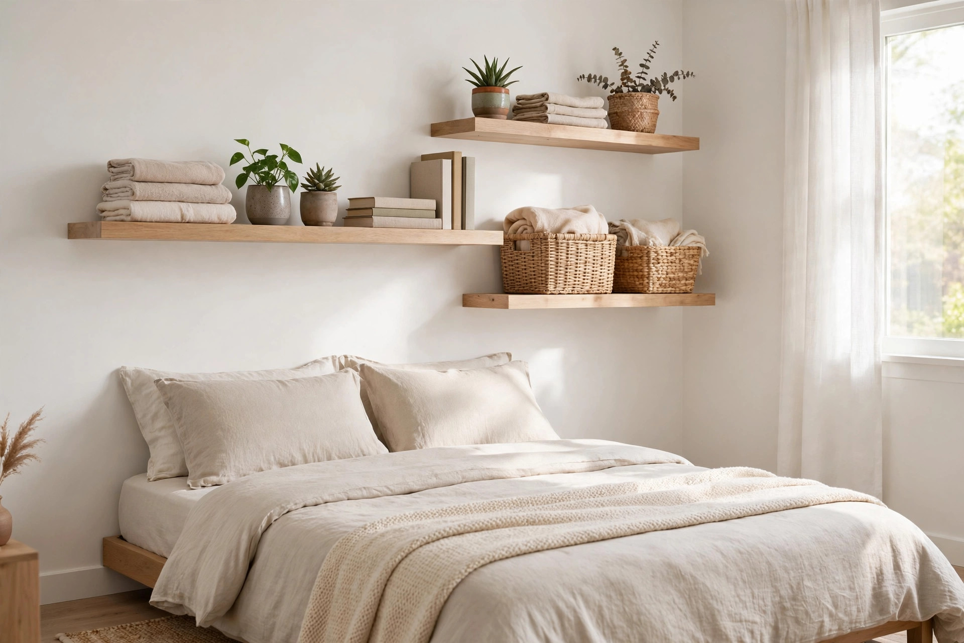Floating wooden shelves above a bed holding folded towels, plants, books, and woven baskets