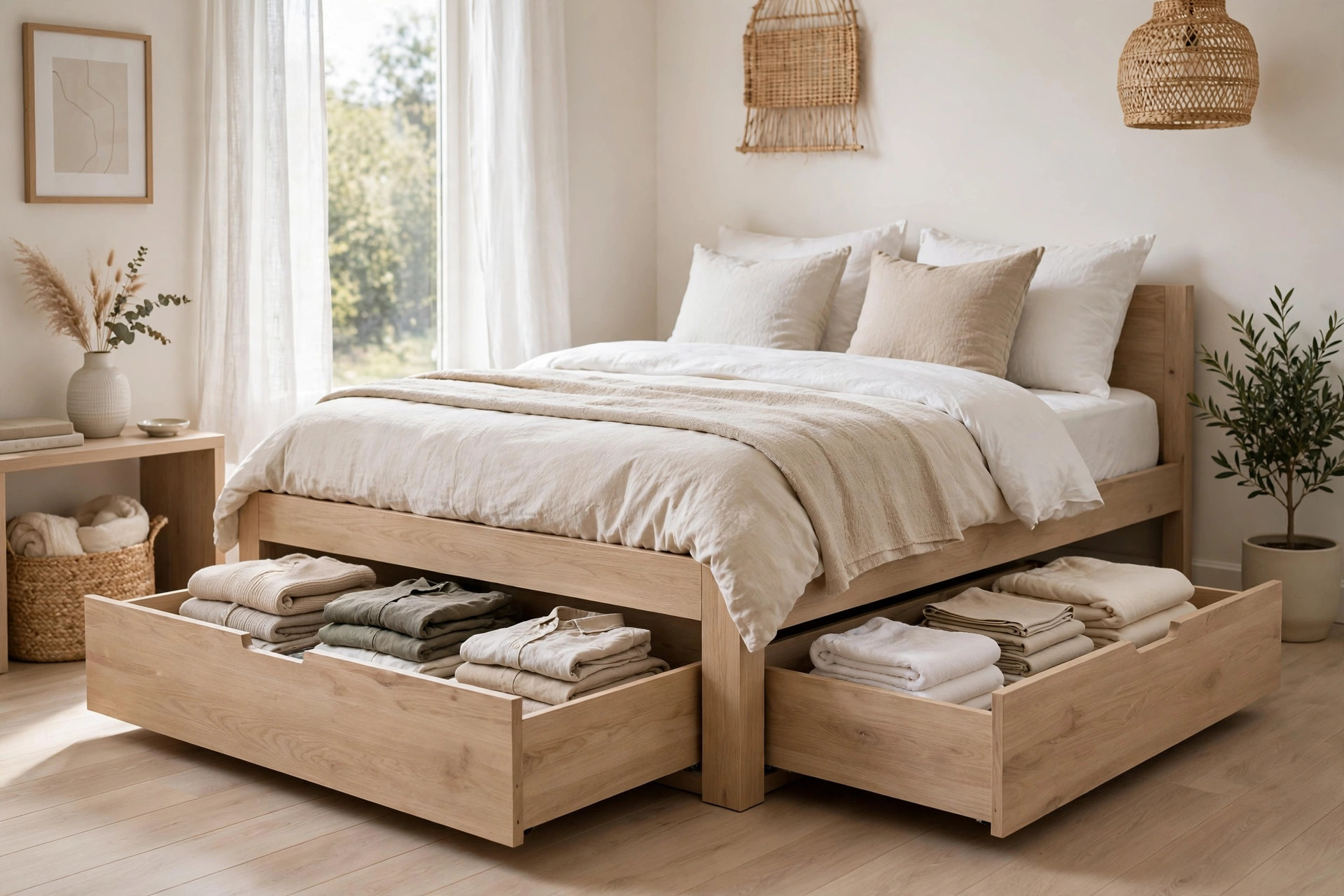 Wooden storage bed with pull-out drawers holding folded clothes and linens