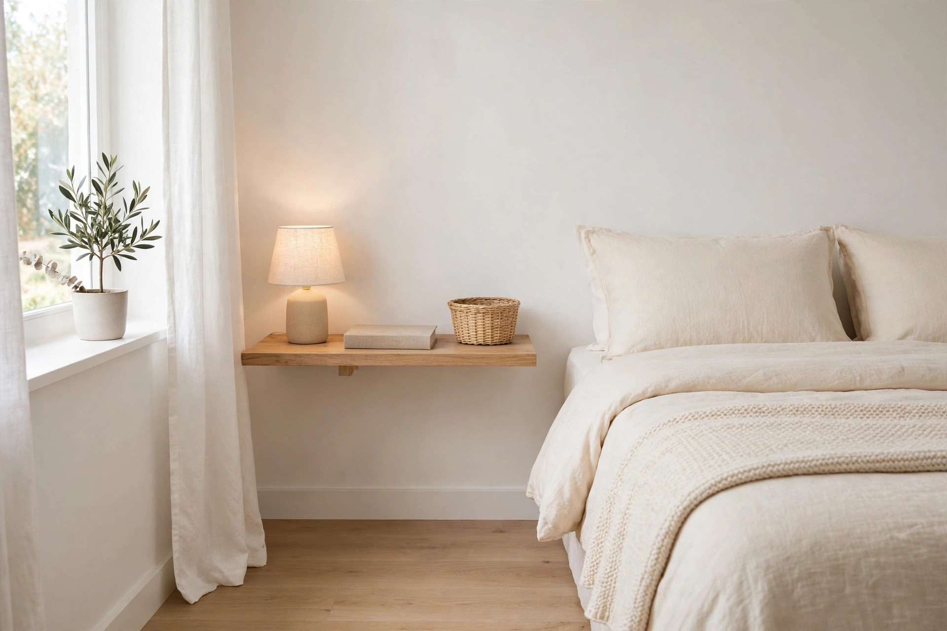 Floating wooden shelf used as a nightstand with a lamp, book, and wicker basket