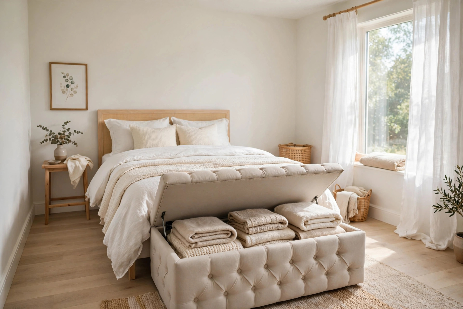 Upholstered tufted storage bench at the foot of a bed, open to reveal folded blankets inside