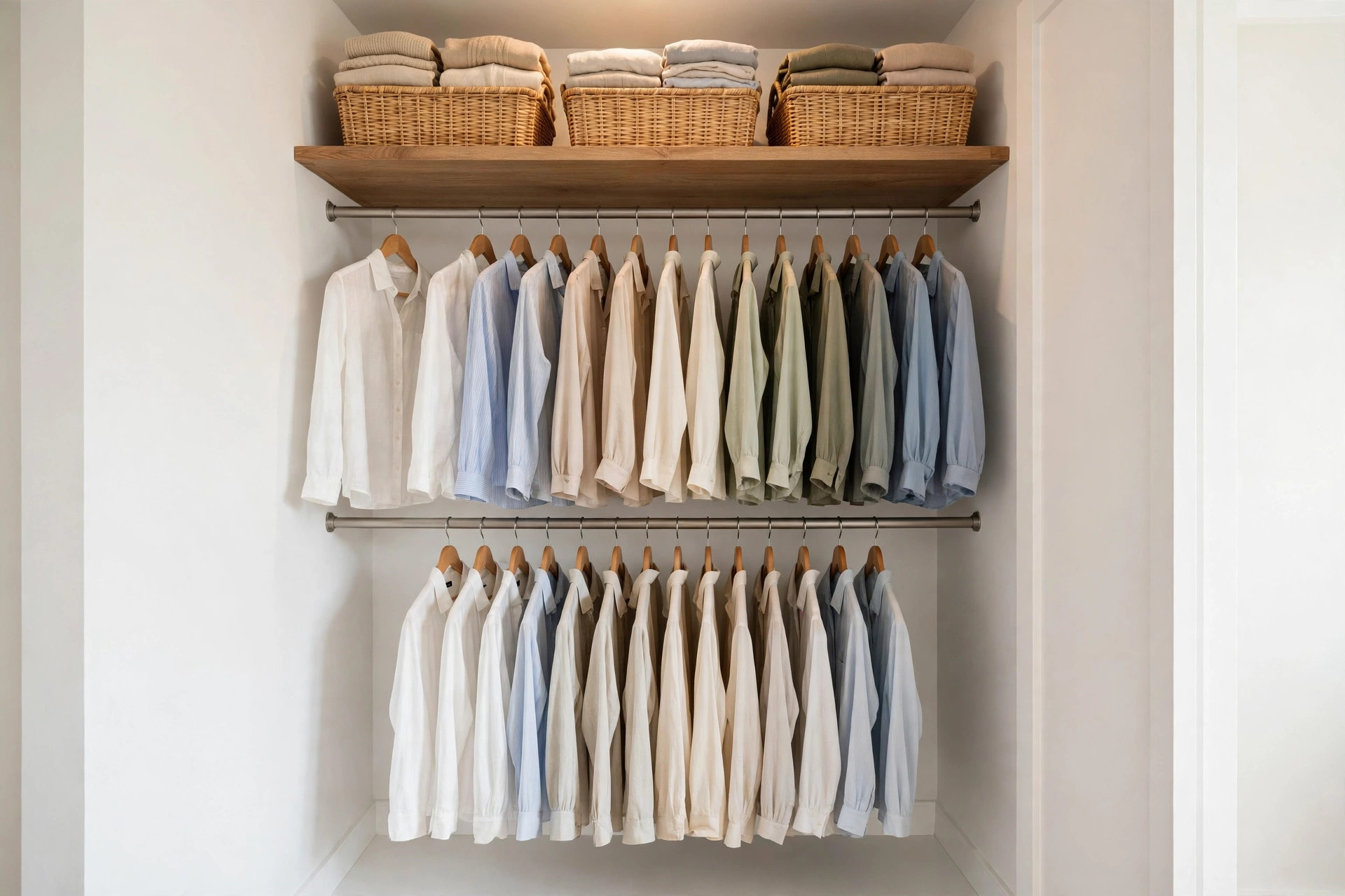 Closet with double hanging rods of neatly arranged shirts and wicker baskets on a top shelf