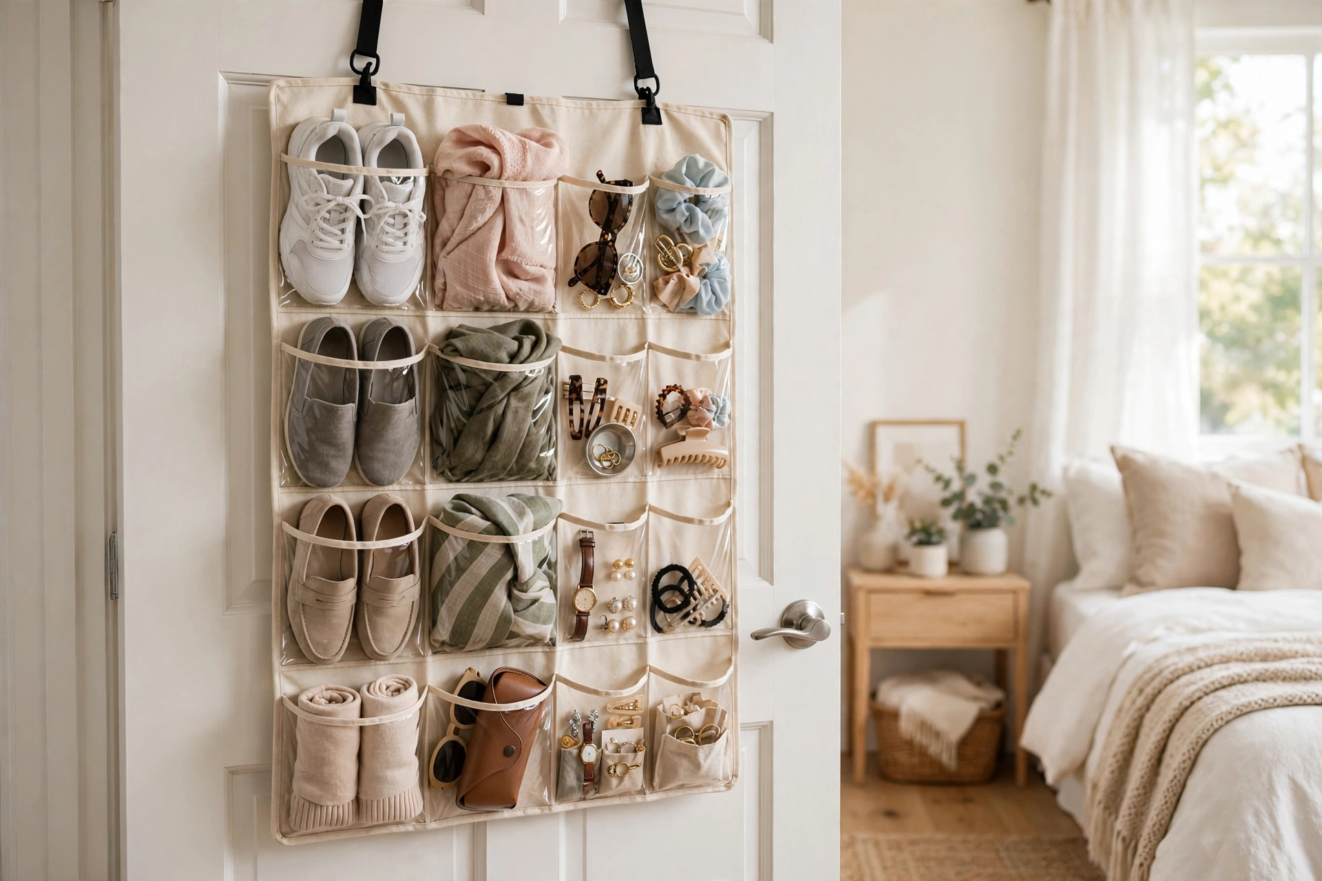 Fabric over-the-door organizer with clear pockets holding shoes, scarves, sunglasses, and jewelry