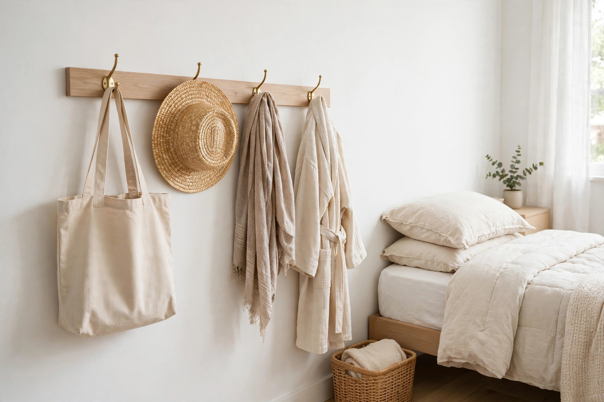 Wooden wall-mounted hook rail holding a tote bag, straw hat, scarf, and robe beside a bed
