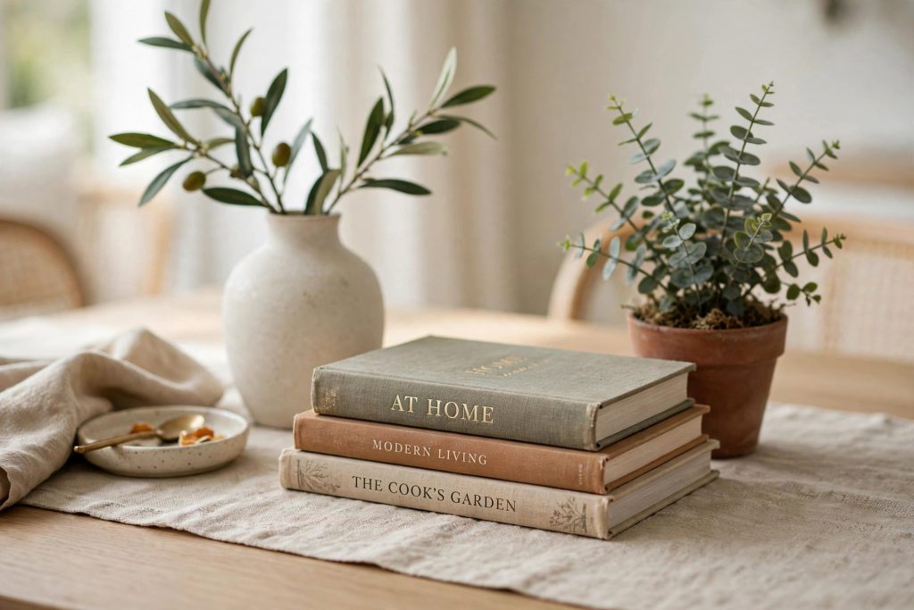 Styled dining table with a layered runner, stacked books, and a small plant