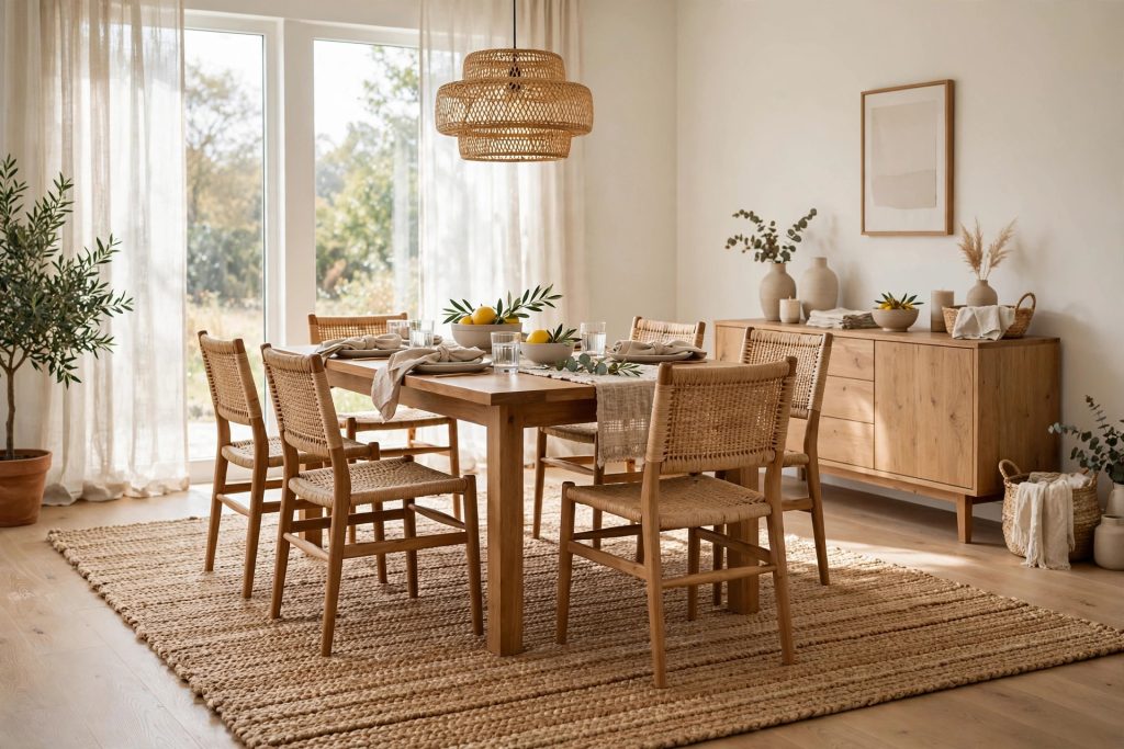 Dining table set on a large layered rug