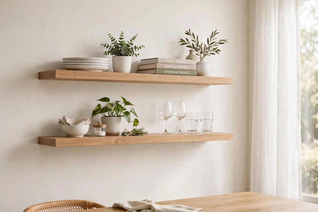 Floating shelves styled with dishes, plants, and glassware