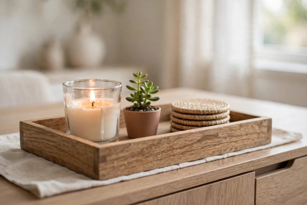 Sideboard vignette styled with a tray, candle, and plant