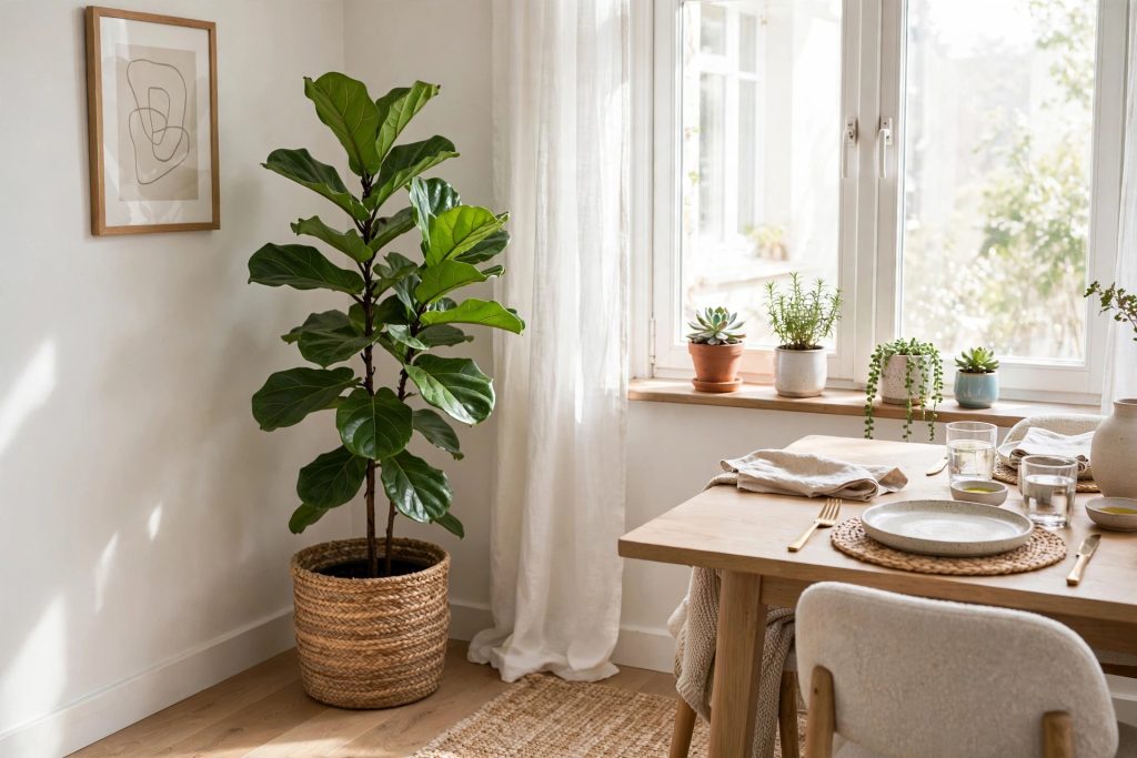 Dining room corner with tall plant and greenery