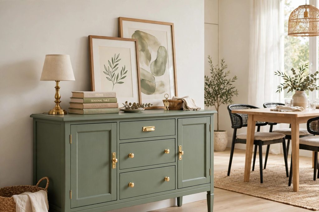 Thrifted sideboard refreshed with paint and styled decor