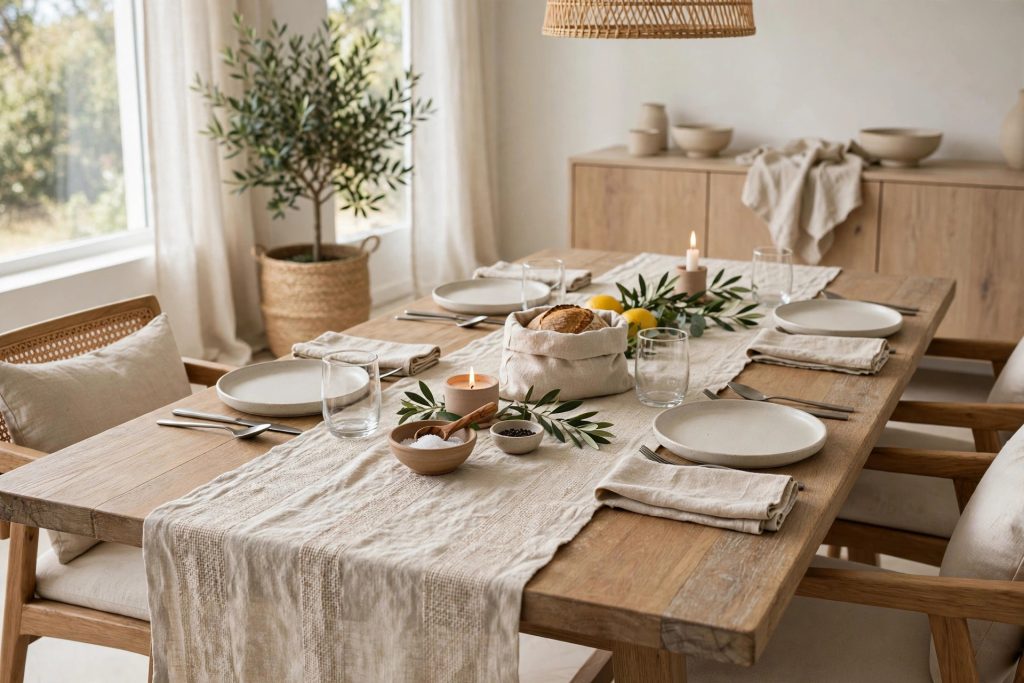 Table set with a crisp linen runner and cloth napkins