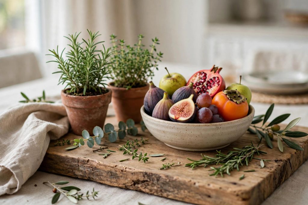 DIY centerpiece with seasonal fruit and potted herbs on a thrifted tray