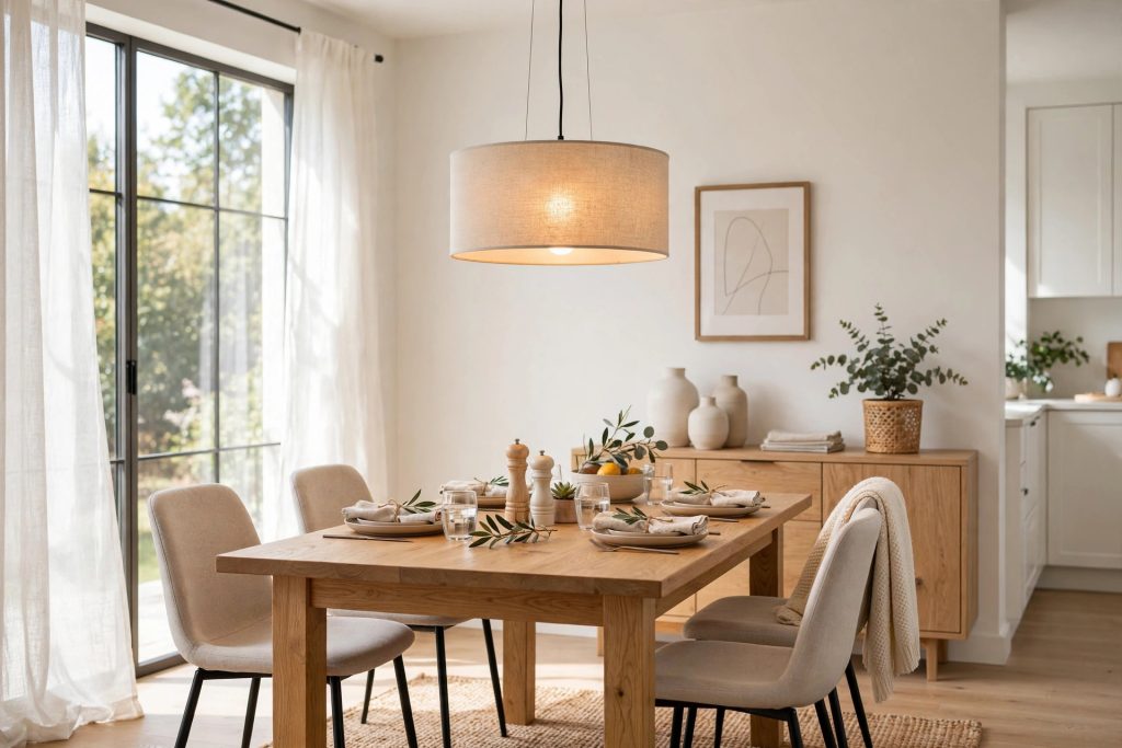 Budget drum pendant light hanging above a dining table