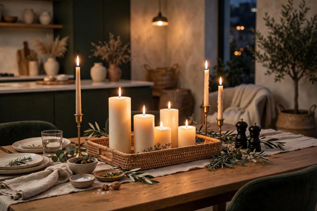 Dining table and sideboard styled with pillar and tealight candles