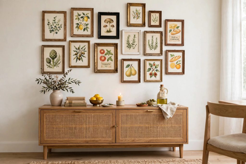 Gallery wall of thrifted frames with prints above dining table