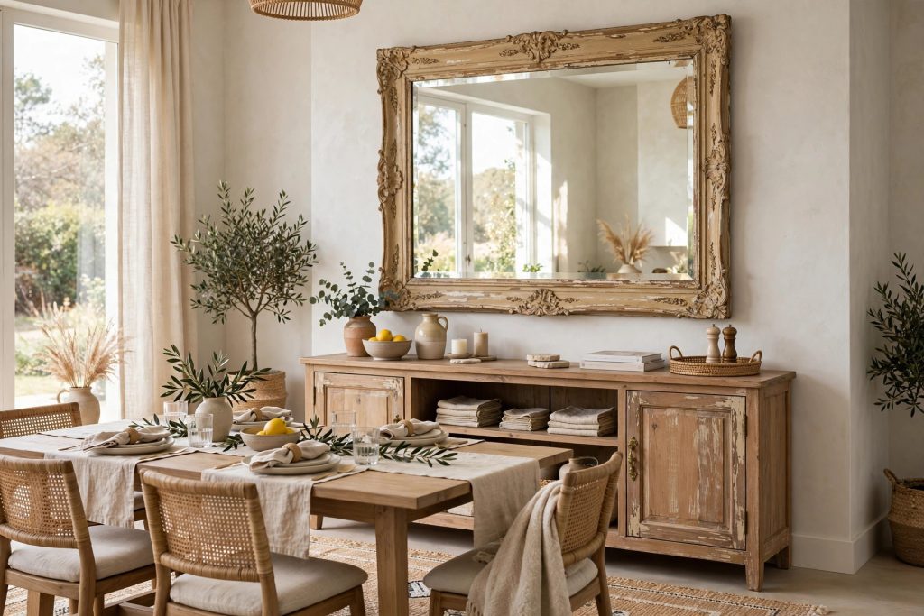 Large statement mirror above a dining room sideboard