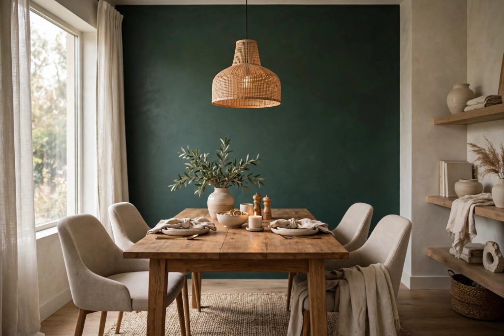 Dining room with painted accent wall behind the table