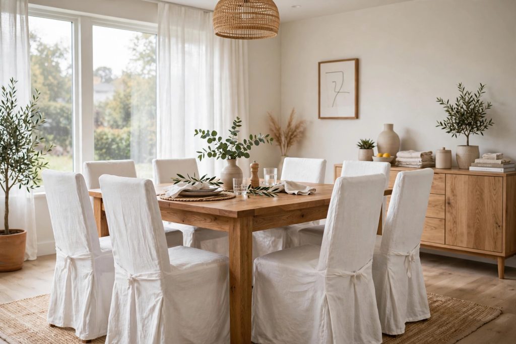 Dining chairs with white slipcovers